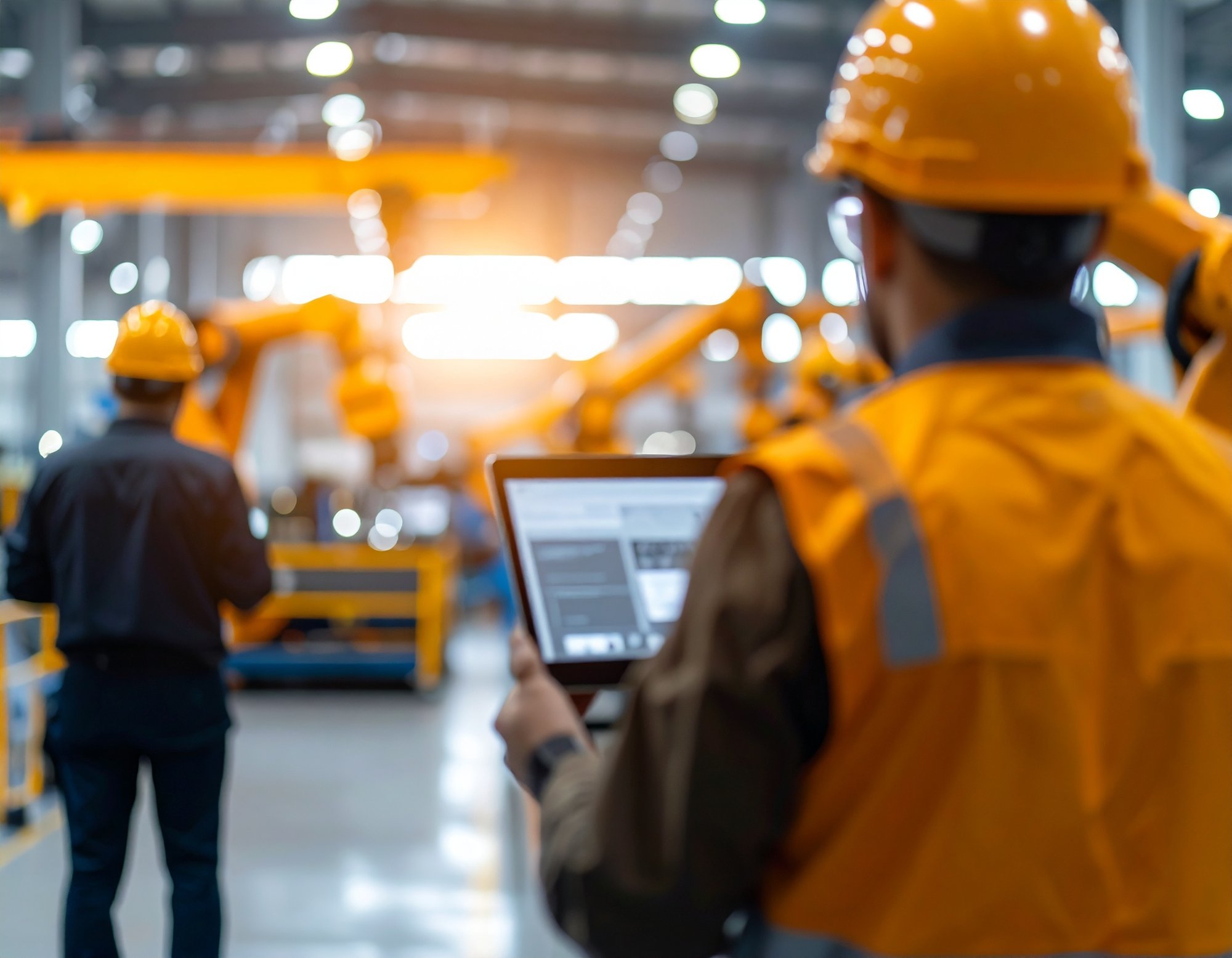 Firefly_Hochwertige Aufnahme von Industrierobotern, die in einer Produktionshalle arbeiten. A 790130 Firefly_Hochwertige Aufnahme von Industrierobotern, die in einer Produktionshalle arbeiten. A 790130